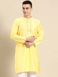 Anouk Yellow Mandarin Collar Mirror Work Kurta