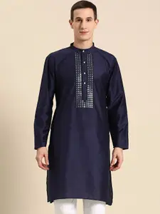 Anouk Navy Blue Mirror Embellished Silk Cotton Kurta
