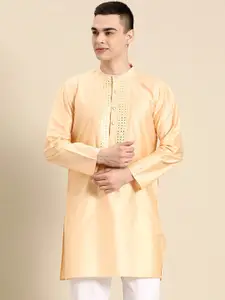 Anouk Cream-Coloured Mandarin Collar Mirror Work Kurta