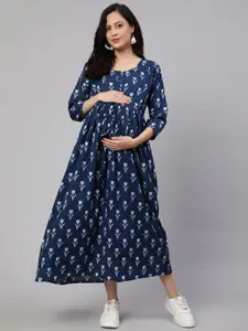 Nayo Blue Floral Printed Round Neck Tie Up Cotton Fit & Flare Maternity Dress