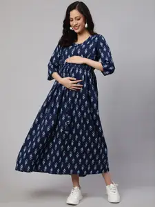 Nayo Blue Ethnic Motifs Printed Round Neck Tie Up Cotton Fit & Flare Maternity Dress