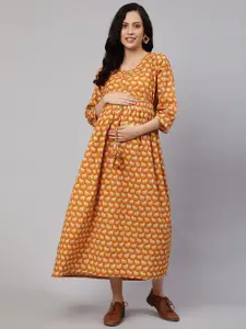 Nayo Yellow Conversational Printed Round Neck Tie Up Cotton Fit & Flare Maternity Dress