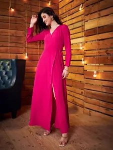Berrylush Pink V-Neck Cuffed Tire-Ups Sleeves Maxi Dress
