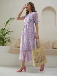Berrylush Purple Floral Printed Tie-Up Neck Puff Sleeves Gathered A-Line Midi Dress