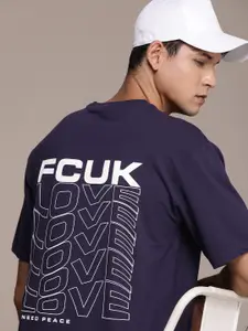 FCUK Brand Logo Printed Oversized Fit Drop-Shoulder Sleeves T-shirt