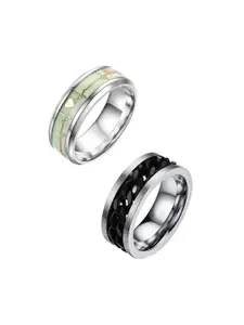 MEENAZ Men Set Of 2 Silver-plated Textured Details & Heart Shaped Details Finger Rings