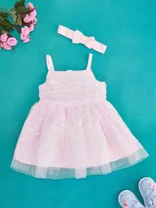 Pantaloons Baby Girls Self Design Bling & Sparkly Fit & Flare Dress With Headband