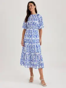 DeFacto Abstract Printed Puff Sleeves High Neck Gathered Tiered Fit & Flare Midi Dress