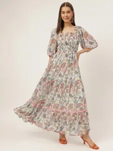 Masakali.Co Ethnic Motifs Printed Flared Sleeve Smocked Tiered Maxi Dress