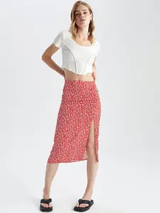 DeFacto Floral Printed Straight Knee Length Skirt With Slit