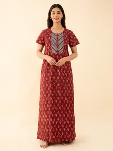 Maybell Ethnic Motif Printed Pure Cotton Maxi Nightdress
