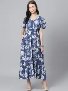 KALINI Floral Printed V-Neck Cotton Maxi Dress