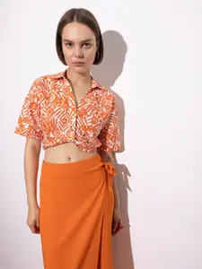 DeFacto Floral Printed Cotton Shirt Style Crop Top