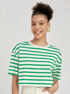 DeFacto Striped Drop Shoulder Sleeves Pure Cotton  T-shirt