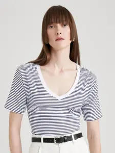DeFacto Striped V-Neck Pure Cotton T-shirt