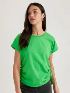 DeFacto Round Neck Ruched Pure Cotton Casual Top