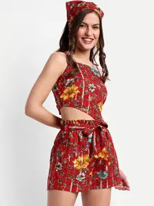 ESSQUE Floral Printed Top & Shorts With Matching Hairband