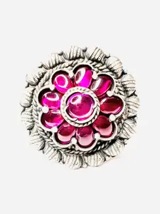 Arte Jewels Silver-Plated Stone Studded Floral Shaped Adjustable Finger Ring