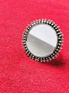 Arte Jewels 925 Oxidised Silver Round Mirror Studded Ring