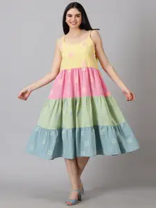 Jilmil Colourblocked Shoulder Strap Gathered Cotton Fit & Flare Midi Dress