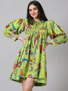 Jilmil Floral Printed cuffed Sleeves Tie Up Neck Cotton A-Line Dress