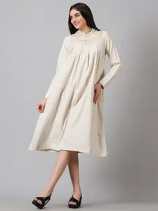 Jilmil Mandarin Collar Gathered Detail Cotton A-Line Midi Dress
