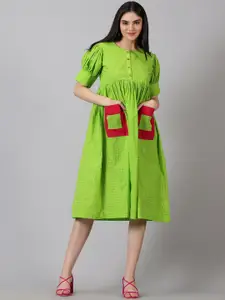 Jilmil Checked Puff Sleeves Gathered Pocket Detailing Empire Midi Dress