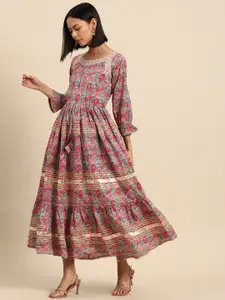 all about you Ethnic Motifs Print Bell Sleeves Cotton Tiered A-Line Midi Dress