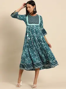 all about you Floral Print Bell Sleeves Empire Style Cotton Midi Dress