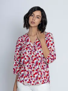 B.Copenhagen Floral Printed V-Neck Puff Sleeves Gathered Detail Empire Top