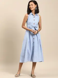 anayna Striped A-Line Cotton Midi Dress