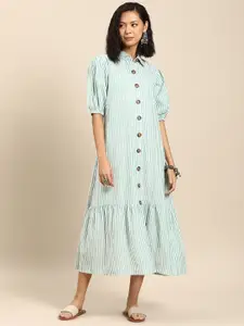 anayna Striped Puff Sleeve A-Line Cotton Midi Dress