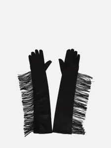 FOREVER 21 Women Black Arm Sleeves Gloves With Fringes