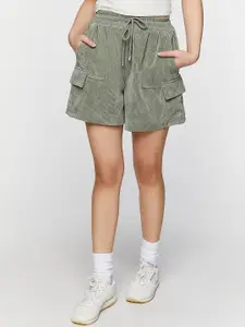 FOREVER 21 Women Olive Green Striped Pure Cotton Cargo Shorts