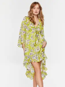 FOREVER 21 Green Floral Printed  Tie Up Neck Gathered Detail A-Line Dress