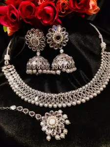 FEMMIBELLA Silver-Plated Necklace and Earrings With Maang Tika