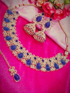 FEMMIBELLA Gold-Plated Necklace and Earrings With Maang Tika