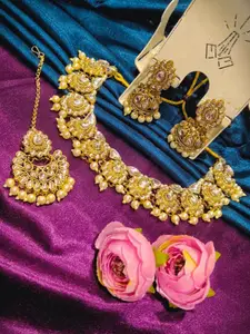 FEMMIBELLA Gold-Plated Necklace and Earrings With Maang Tika