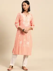 all about you Peach-Coloured Ethnic Motifs Embroidered Chikankari Indie Prints Kurta