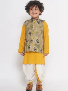 Little Bansi Boys Striped Pure Cotton Straight Kurta & Dhoti Pants With Nehru Jacket