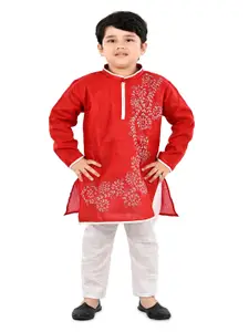 BAESD Boys Mandarin Collar Floral Embroidered Regular Kurta With Pyjamas