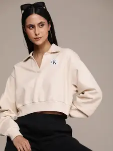 Calvin Klein Jeans Shirt Collar Cropped Sweatshirt With Applique Detail