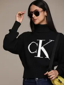 Calvin Klein Jeans Turtle Neck Brand Logo Self-Design Ribbed Cotton Pullover