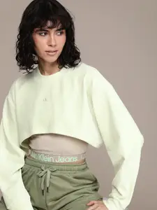 Calvin Klein Jeans Round Neck Self-Design Ribbed Cropped Sweatshirt With Sports Bra