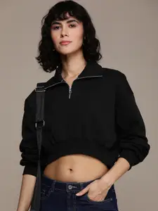 Calvin Klein Jeans Brand Logo Embossed Half Zipper Crop Sweatshirt