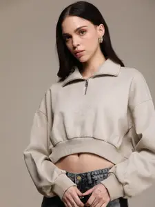 Calvin Klein Jeans Brand Logo Embossed Half Zipper Crop Sweatshirt
