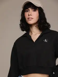 Calvin Klein Jeans Shirt Collar Cropped Sweatshirt With Applique Detail
