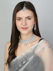 Adwitiya Collection Rhodium-Plated Stone-Studded Necklace & Earrings With Maang Tika