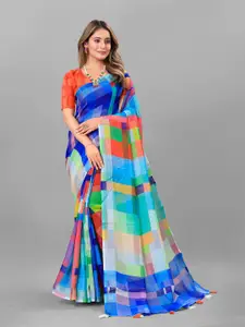 Anouk Blue & Green Colourblocked Pure Linen Saree