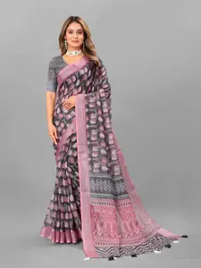 Anouk Pink & Black Floral Printed Pure Linen Saree